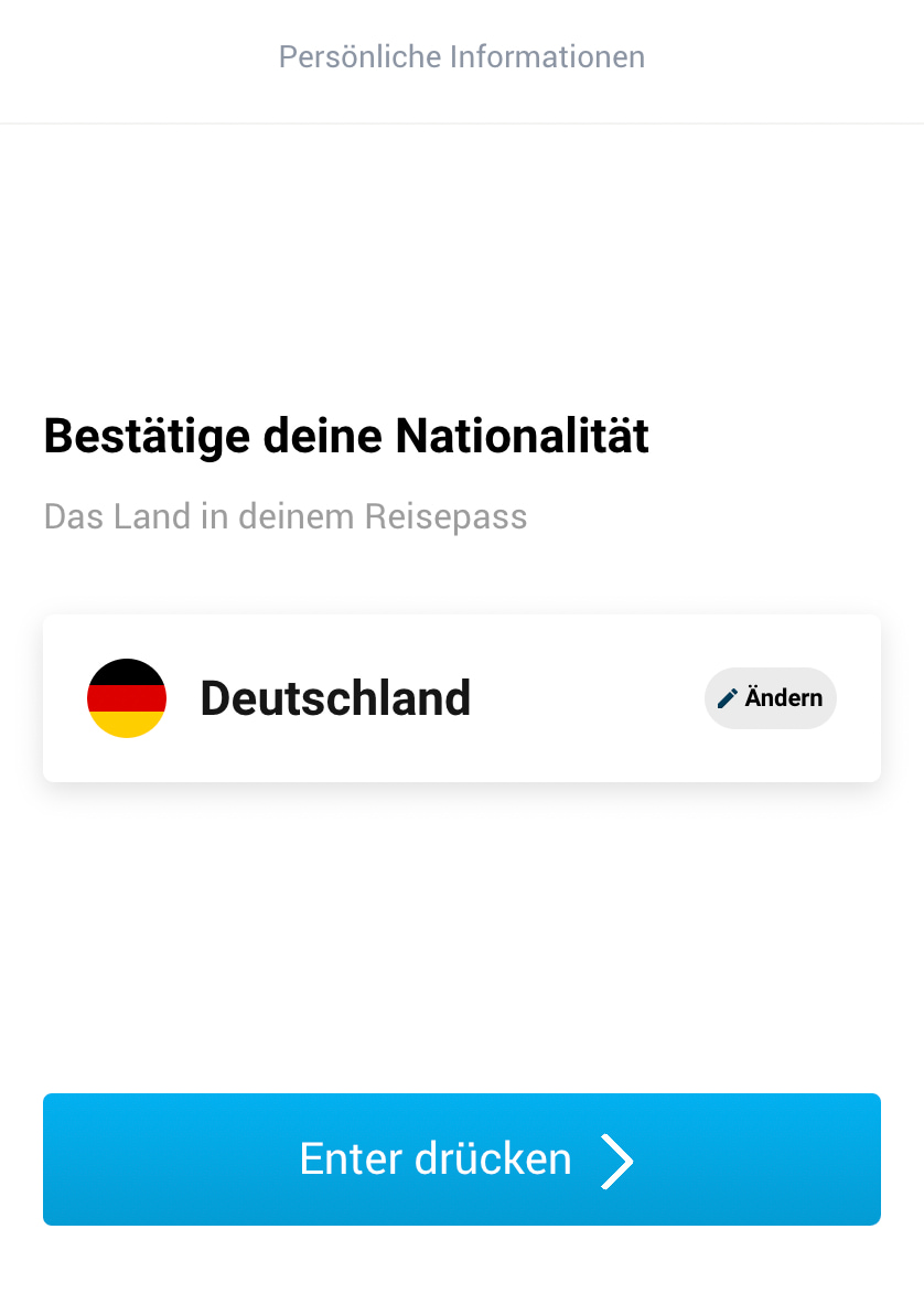 Unser mobiler Screenshot zeigt den dritten Schritt in der Registrierung auf mybet. Hier muss die Nationalität bestätigt werden.