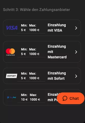 Unser mobiler Screenshot zeigt den dritten Schritt in der Einzahlung auf Novoline. Hier muss der Zahlungsanbieter ausgewählt werden. 