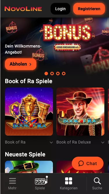 Unser mobiler Screenshot zeigt die Hompage von Novoline. Der Registrierungsbutton befindet sich in der oberen Bildschirmhälfte. 