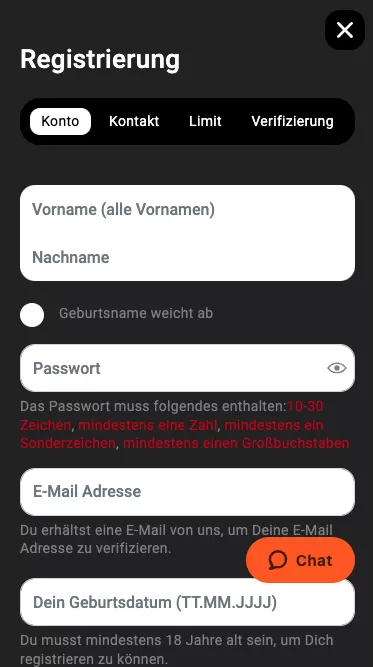 Unser mobiler Screenshot zeigt den ersten Schritt in der Registrierung auf Novoline.