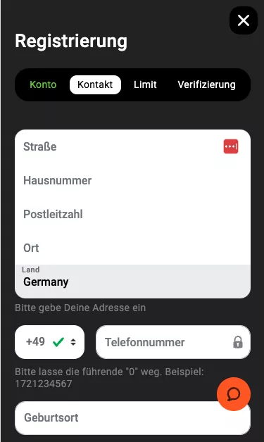 Unser mobiler Screenshot zeigt den zweiten Schritt in der Registrierung auf Novoline. 