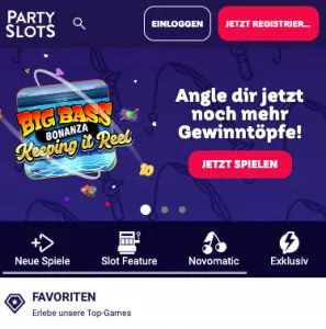 Unser mobiler Screenshot zeigt die Homepage von PartySlots. Indem man oben rechts auf "Jetzt Registrieren" klickt, kann die Registrierung eingeleitet werden. 