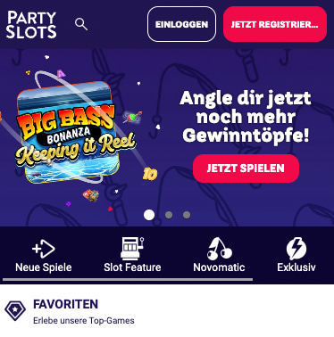 Unser mobiler Screenshot zeigt die Homepage von PartySlots. Indem man oben rechts auf 