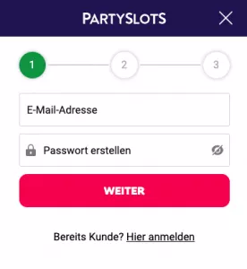 Unser mobiler Screenshot zeigt den ersten Schritt in der Registrierung auf Partylots. Hier muss E-Mail und Passwort eingetragen werden.