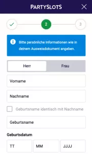 Unser mobiler Screenshot zeigt den zweiten Schritt in der Registrierung auf PartySlots. Hier müssen diverse persönliche Daten eingegeben werden. 