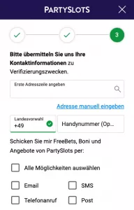 Unser mobiler Screenshot zeigt den dritten Schritt in der Registrierung auf PartySlots. Hier müssen Kontaktdaten wie z.B. die Handynummer angegeben werden. 