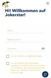 Unser mobiler Screenshot zeigt den zweiten Schritt in der Registrierung auf Jokerstar. 