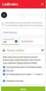 Unser mobiler Screenshot zeigt den ersten Schritt in der Registrierung auf Ladbrokes. Hier sind die E-Mail, das Passwort und die Mobilnummer anzugeben. 