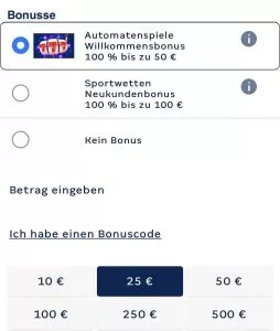 Unser mobiler Screenshot zeigt, wie du bei Merkur Slots deinen Bonus auswählen kannst. 