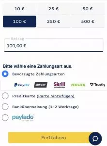 Unser mobiler Screenshot zeigt den Einzahlungsprozess auf Merkur Slots. Hier muss der Einzahlungsbetrag und die bevorzugte Zahlungsart ausgewählt werden.