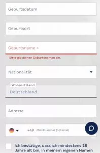 Unser mobiler Screenshot zeigt den zweiten Schritt in der Registrierung auf Merkur Slots. Hier müssen diverse persönliche Daten nachgetragen werden. 