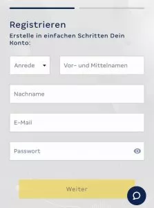 Unser mobiler Screenshot zeigt den ersten Schritt in der Registrierung auf Merkur Slots. Hier muss die Anrede, Vor-und Mittelname, Nachname, E-Mail und Passwort angegeben werden. 