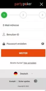 Unser mobiler Screenshot zeigt den ersten Schritt in der Registrierung auf Partypoker. Hier müssen die E-Mail, Benutzer-ID und das Passwort festgelegt werden. 