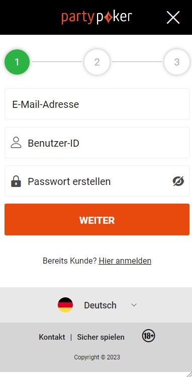 Unser mobiler Screenshot zeigt den ersten Schritt in der Registrierung auf Partypoker. Hier müssen die E-Mail, Benutzer-ID und das Passwort festgelegt werden.