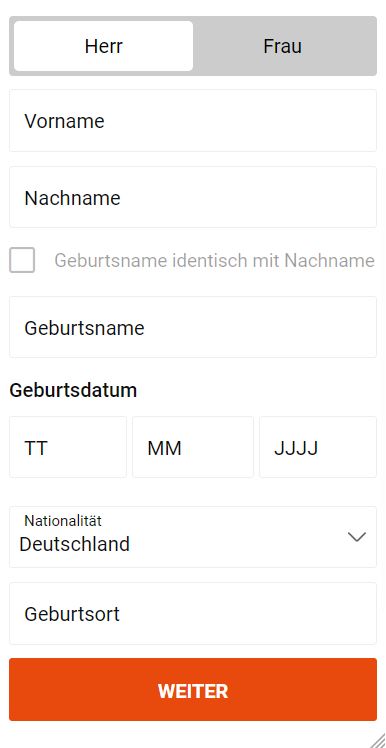 Unser mobiler Screenshot zeigt den zweiten Schritt in der Registrierung auf Partypoker. Hier müssen die persönlichen Daten angegeben werden.
