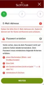 Unser mobiler Screenshot zeigt den ersten Schritt in der Registrierung auf SlotClub. 