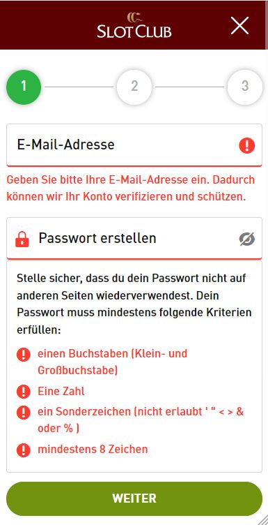 Unser mobiler Screenshot zeigt den ersten Schritt in der Registrierung auf SlotClub.