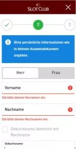 Unser mobiler Screenshot zeigt den zweiten Schritt in der Registrierung auf SlotClub. 