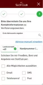 Unser mobiler Screenshot zeigt den dritten und letzten Schritt in der Registrierung auf SlotClub. 