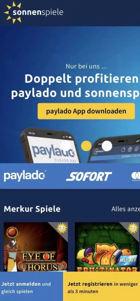 Unser mobiler Screenshot zeigt, wo du die auf der Homepage von Sonnenspiele registrieren kannst. Der Button "Jetzt registrieren in weniger als 3 Minuten" befindet sich unten am Bildschirmrand.