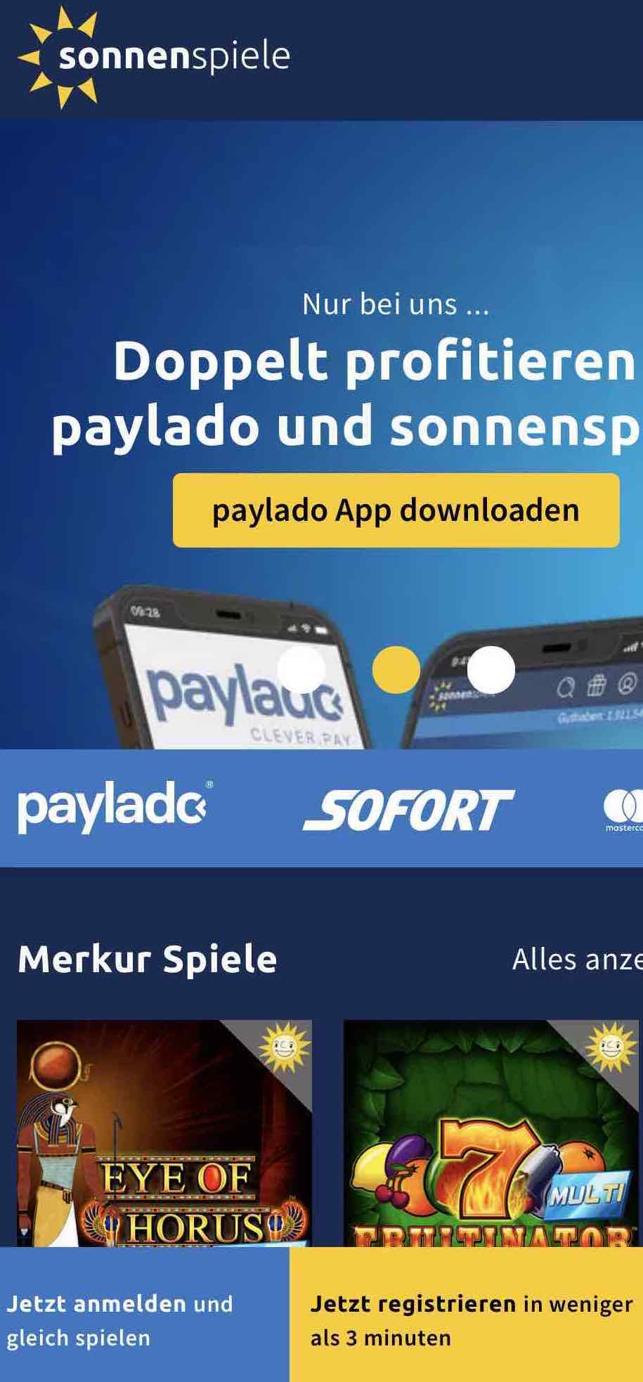 Unser mobiler Screenshot zeigt, wo du die auf der Homepage von Sonnenspiele registrieren kannst. Der Button 