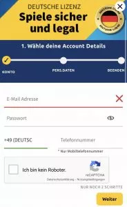 Unser mobiler Screenshot zeigt die Kontoeröffnung auf Sonnenspiele. Hier müssen E-Mail, Passwort und Telefonnummer angegeben werden. 