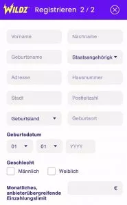 Unser mobiler Screenshot zeigt den zweiten Schritt in der Registrierung auf Wildz. Hier müssen diverse persönliche Daten eingegeben werden. 