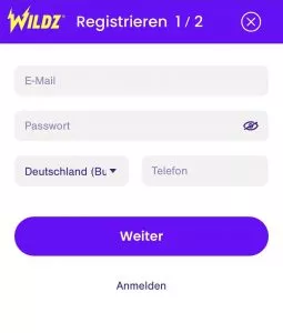 Unser mobiler Screenshot zeigt den ersten Schritt in der Registrierung auf Wildz. Hier müssen E-Mail, Passwort, und Telefonnummer eingetragen werden. 