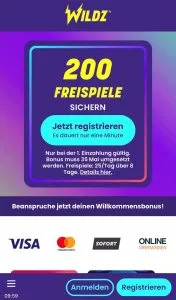 Unser mobiler Screenshot zeigt die Homepage von Wildz. Das Feld "Registrieren" befindet sich in der unteren Bildhälfte.