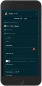 Mobiler Screenshot: Tigerspin Registrierung Schritt 3