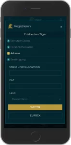 Mobiler Screenshot: Tigerspin Registrierung Schritt 4