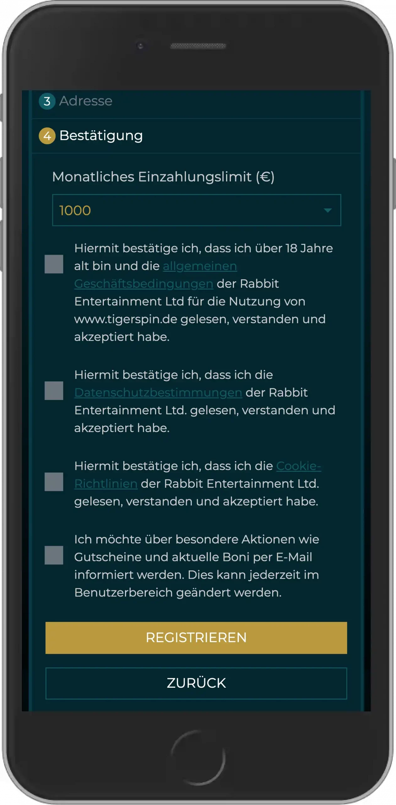 Mobiler Screenshot: Tigerspin Registrierung Schritt 5