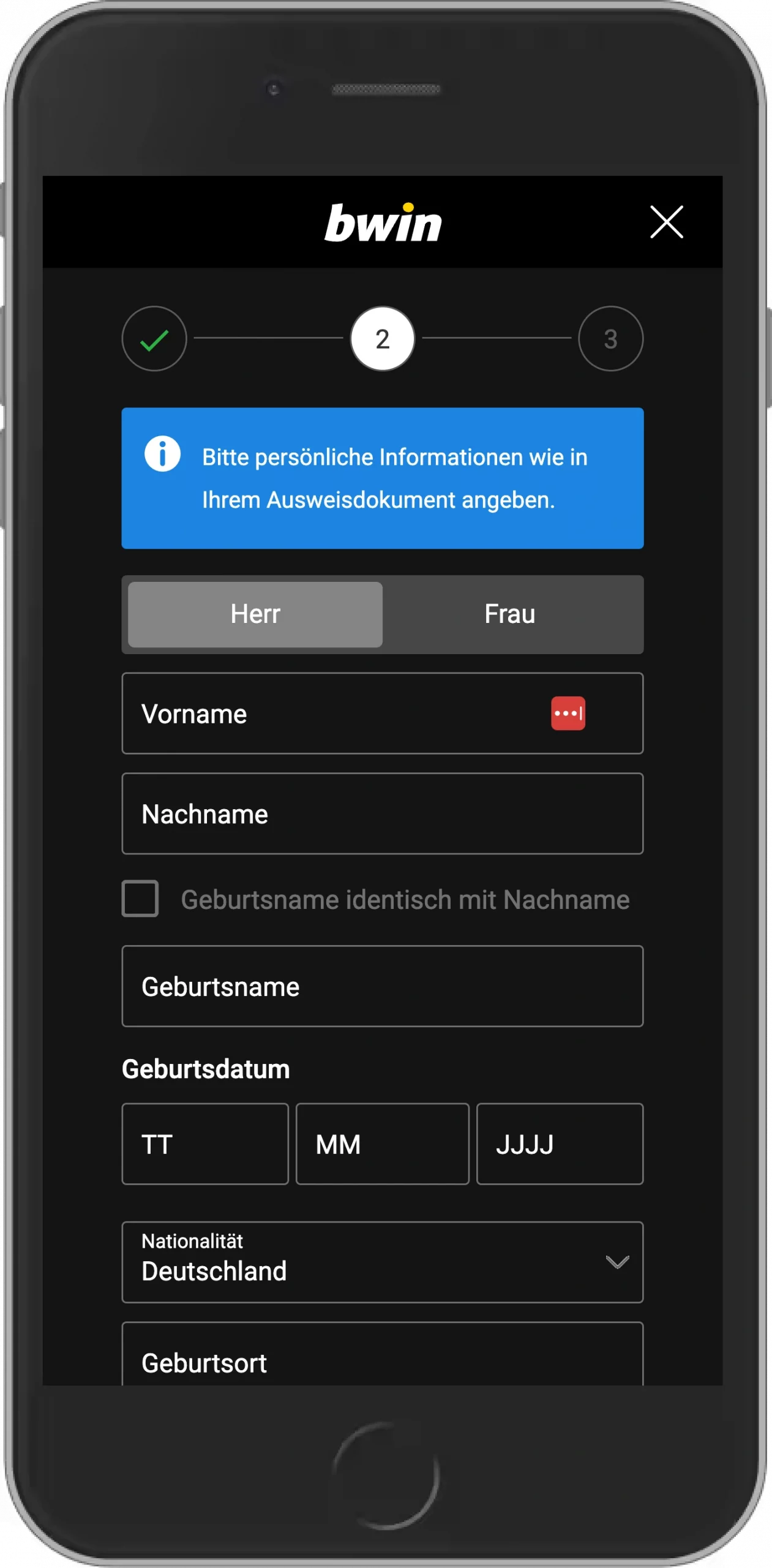 bwin Registrierung Schritt 3