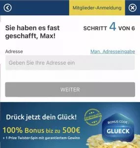 Unser mobiler Screenshot zeigt den vierten Schritt in der Registrierung auf DrückGlück.