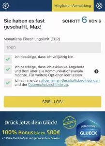 Unser mobiler Screenshot zeigt den letzten Schritt in der Registrierung auf DrückGlück.