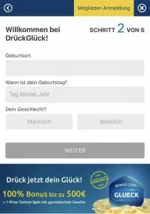 Unser mobiler Screenshot zeigt den zweiten Schritt in der Registrierung auf DrückGlück.