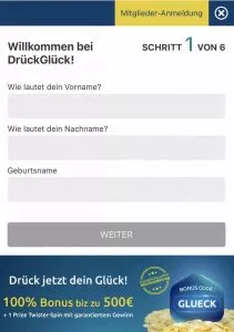 Unser mobiler Screenshot zeigt den ersten Schritt in der Registrierung auf DrückGlück.