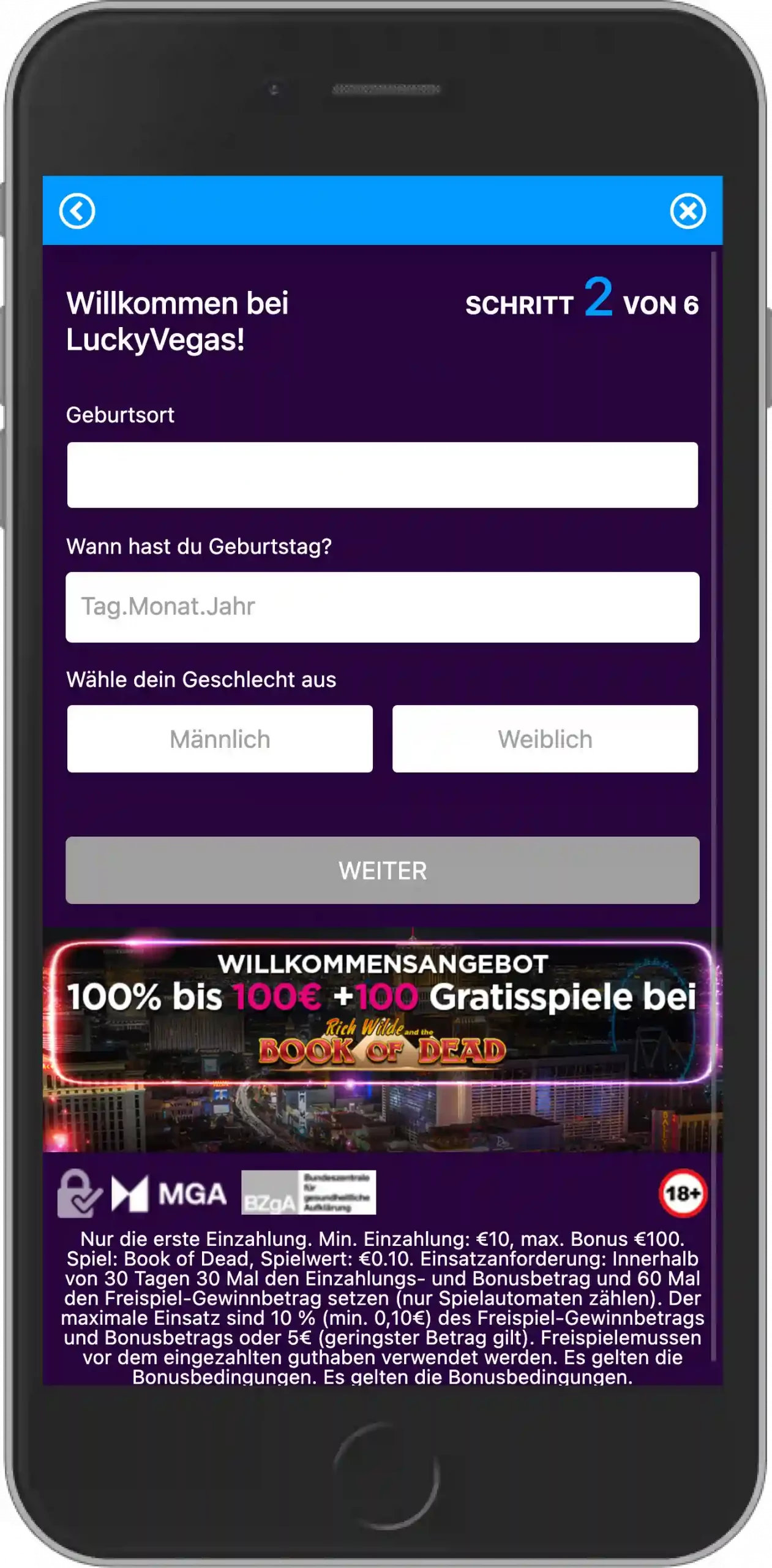 Lucky Vegas Registrierung Schritt 2