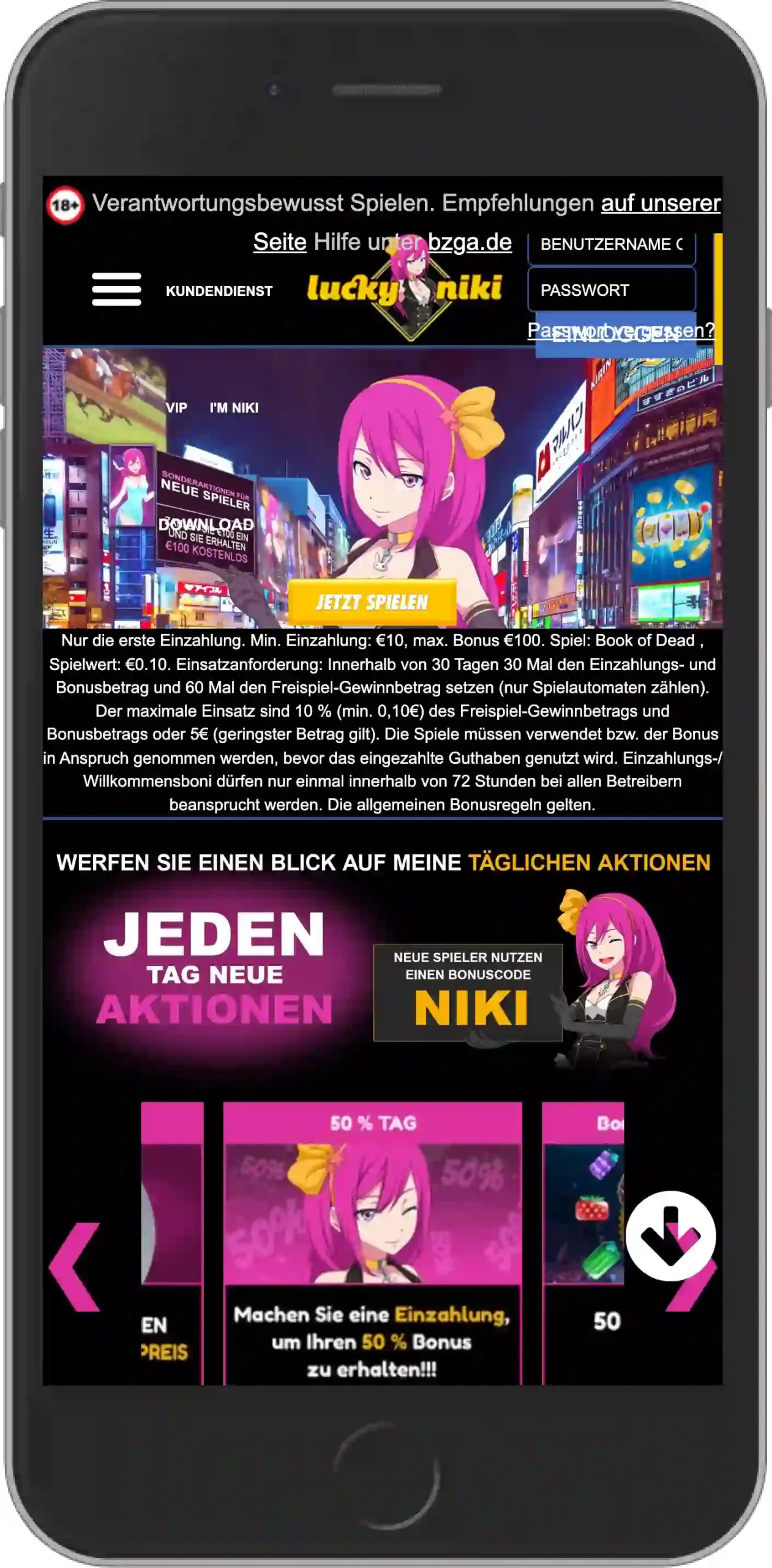 LuckyNiki Bonus - Mobile Ansicht