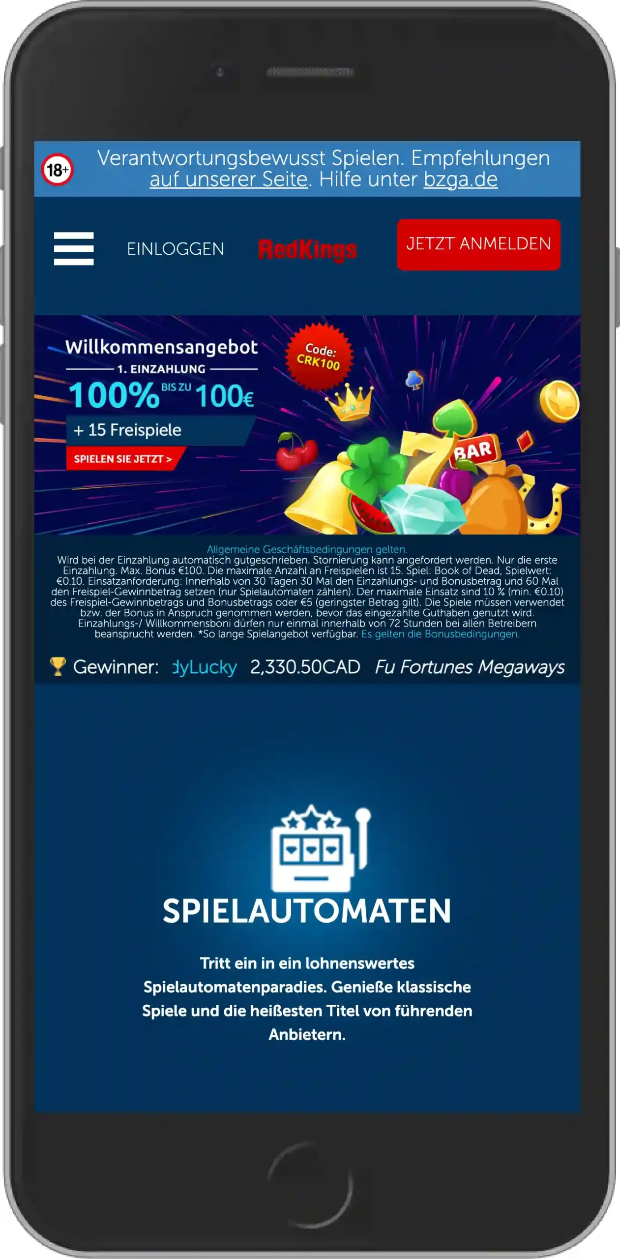 RedKings Casino Bonus - Mobile Ansicht