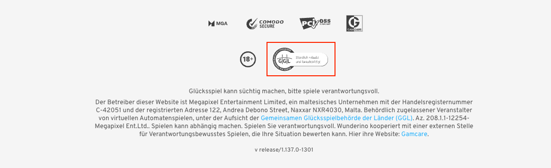 Wunderino hat das GGL Siegel in den Footer seiner Website integriert.