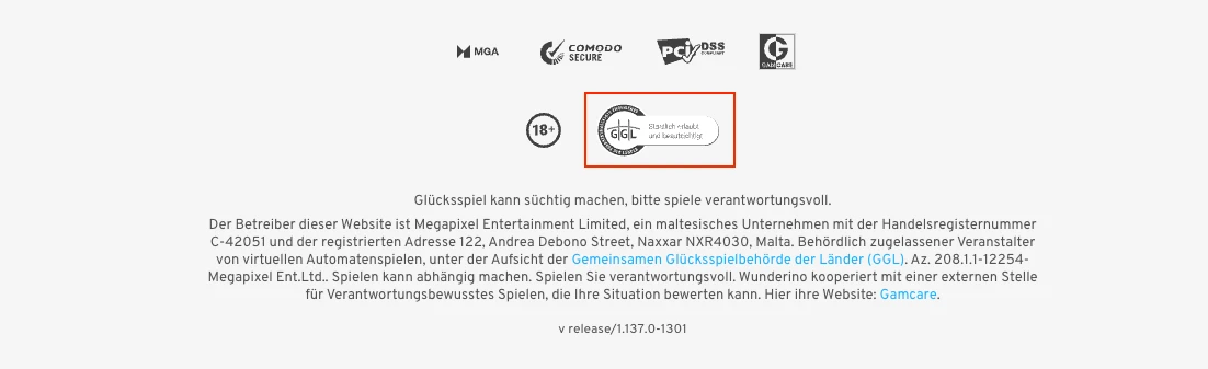 Wunderino hat das GGL Siegel in den Footer seiner Website integriert.